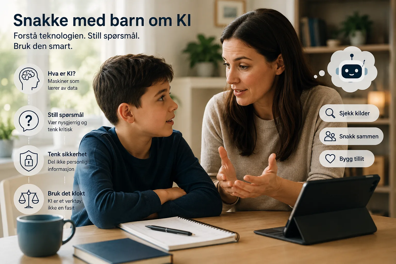snakke med barn om KI, kunstig intelligens barn, ChatGPT skole, nettvett KI, foreldreguide kunstig intelligens