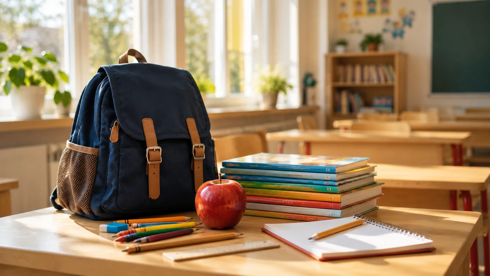 Stilleben av skolebøker ryggsekk og et norsk eple på trepult