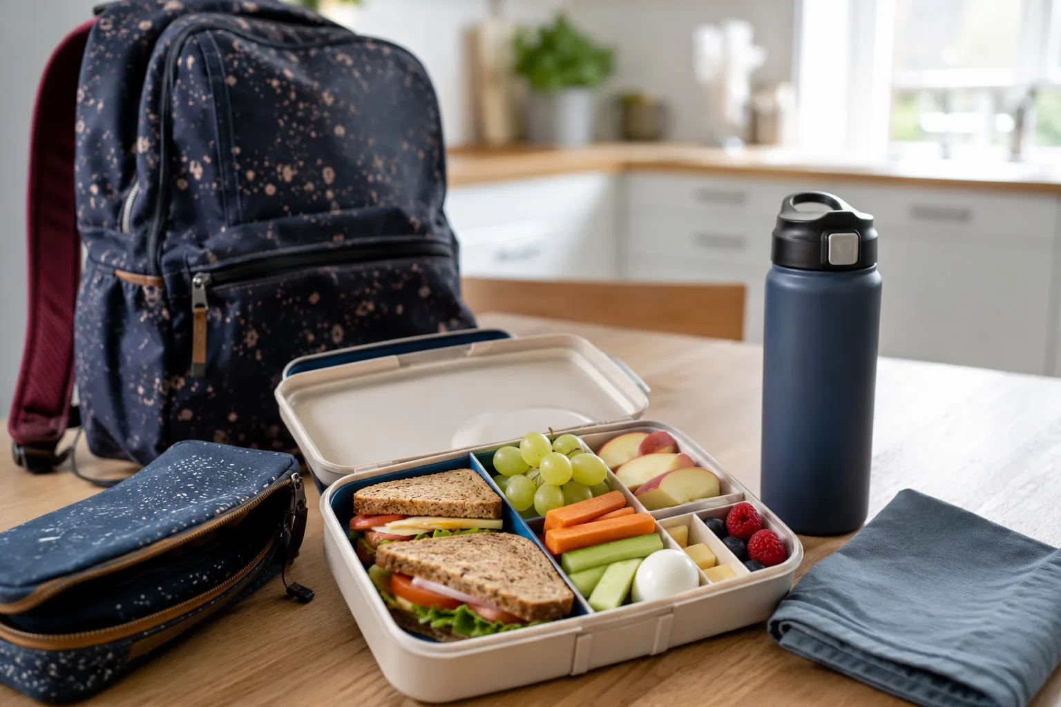 stor matpakke med grovbrød og frukt for elever på mellomtrinnet