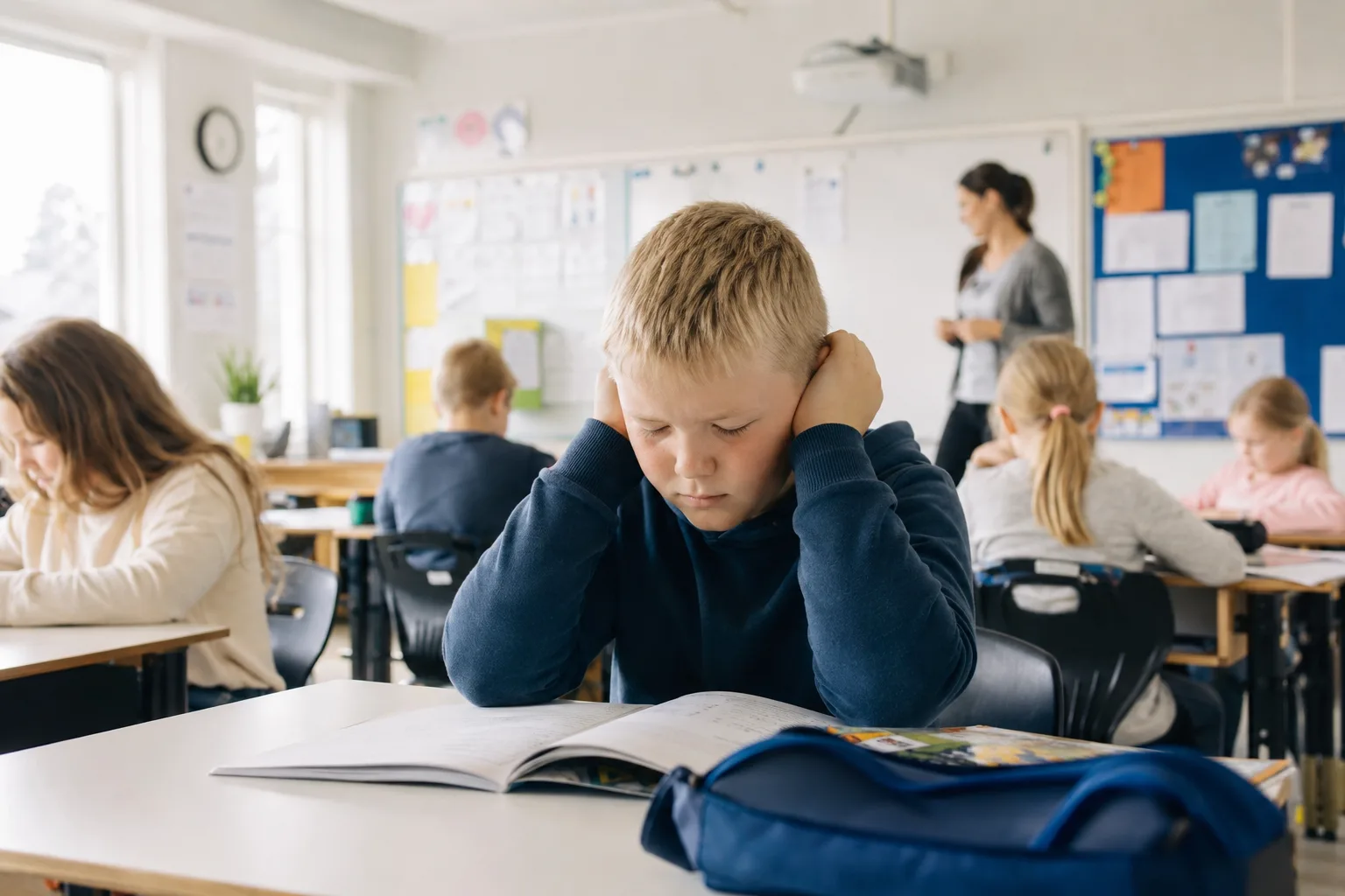 støy barn i klasserommet, lydmiljø i skolen, støyfølsomhet barn, tilrettelegging klasserom