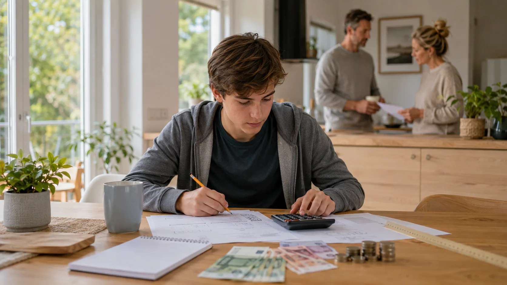 Tenåring som regner på boliglån og sparing med foreldrene i bakgrunnen