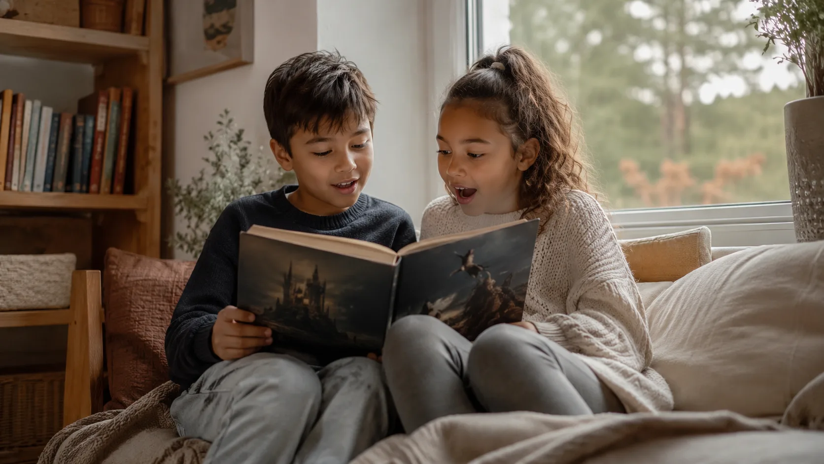To barn i skolealder som lytter engasjert til en spennende fantasybok
