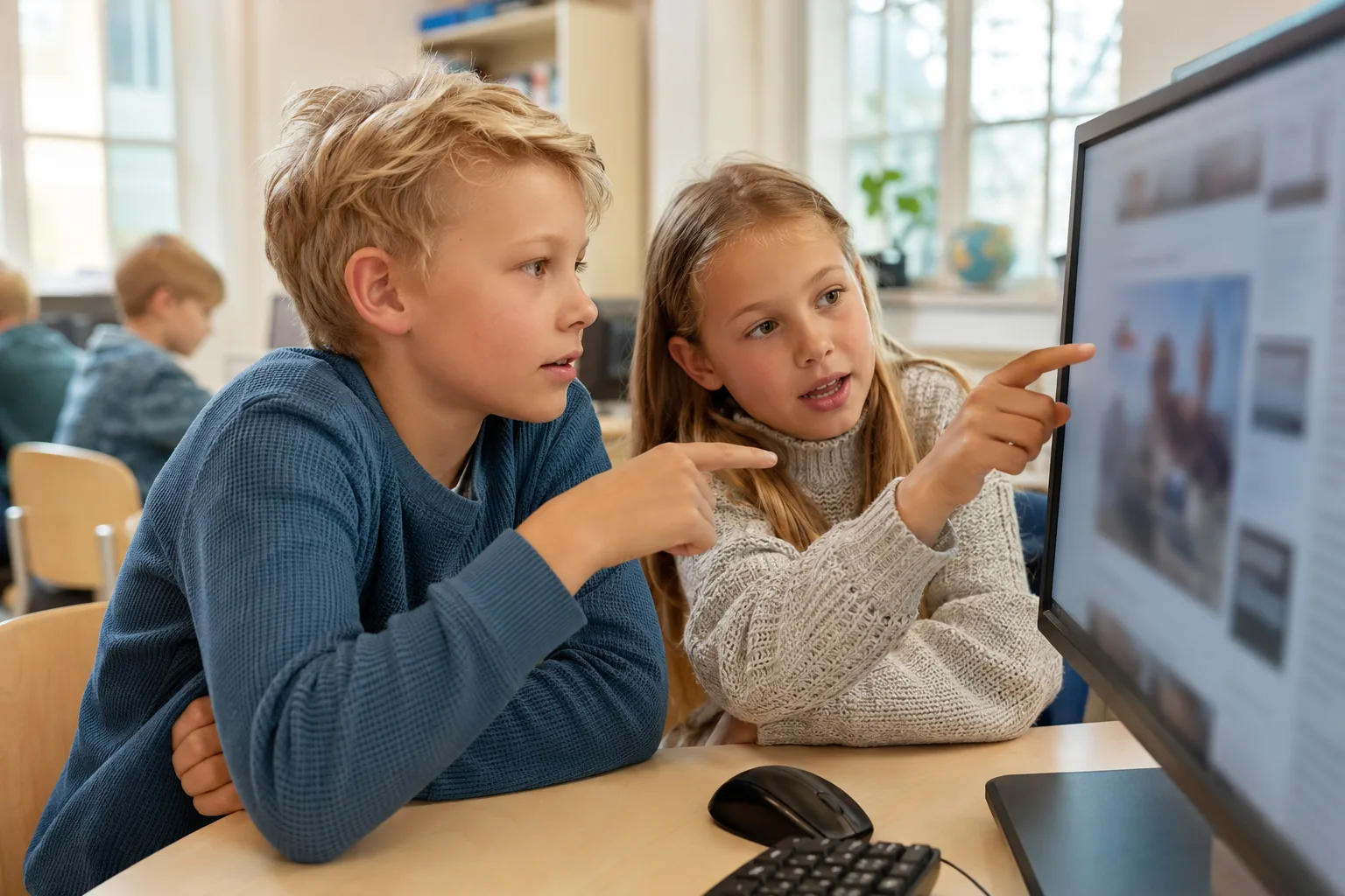 To barn som sitter sammen ved en datamaskin og diskuterer om en nyhet på skjermen er sant