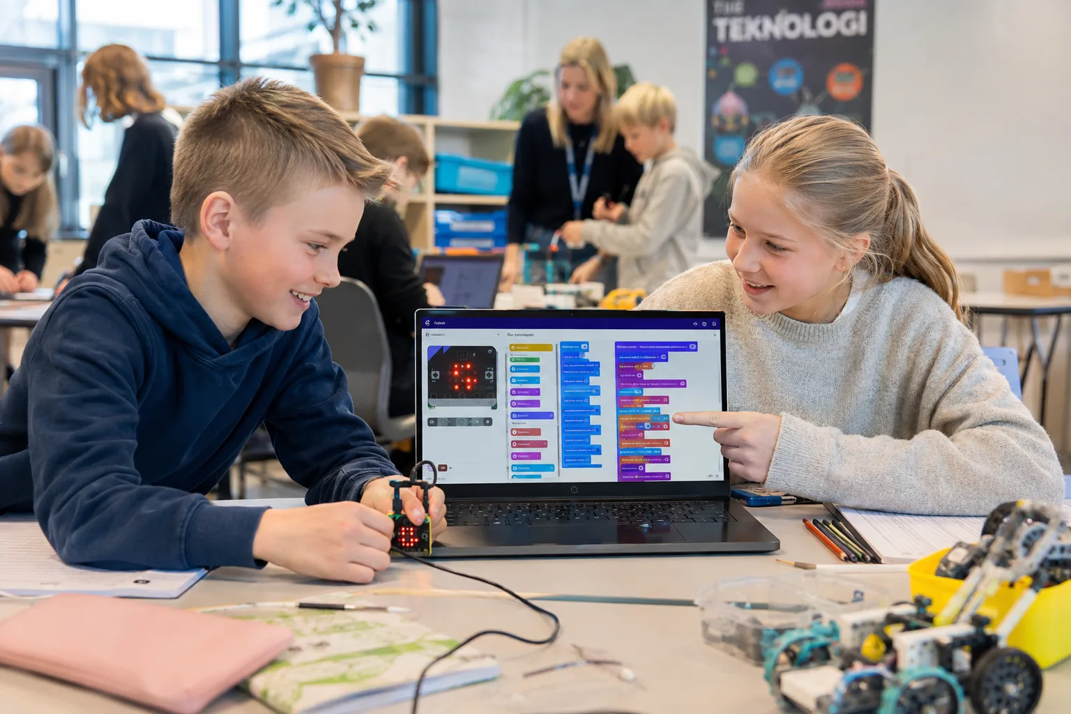 To elever samarbeider om programmering av en micro:bit i klasserommet