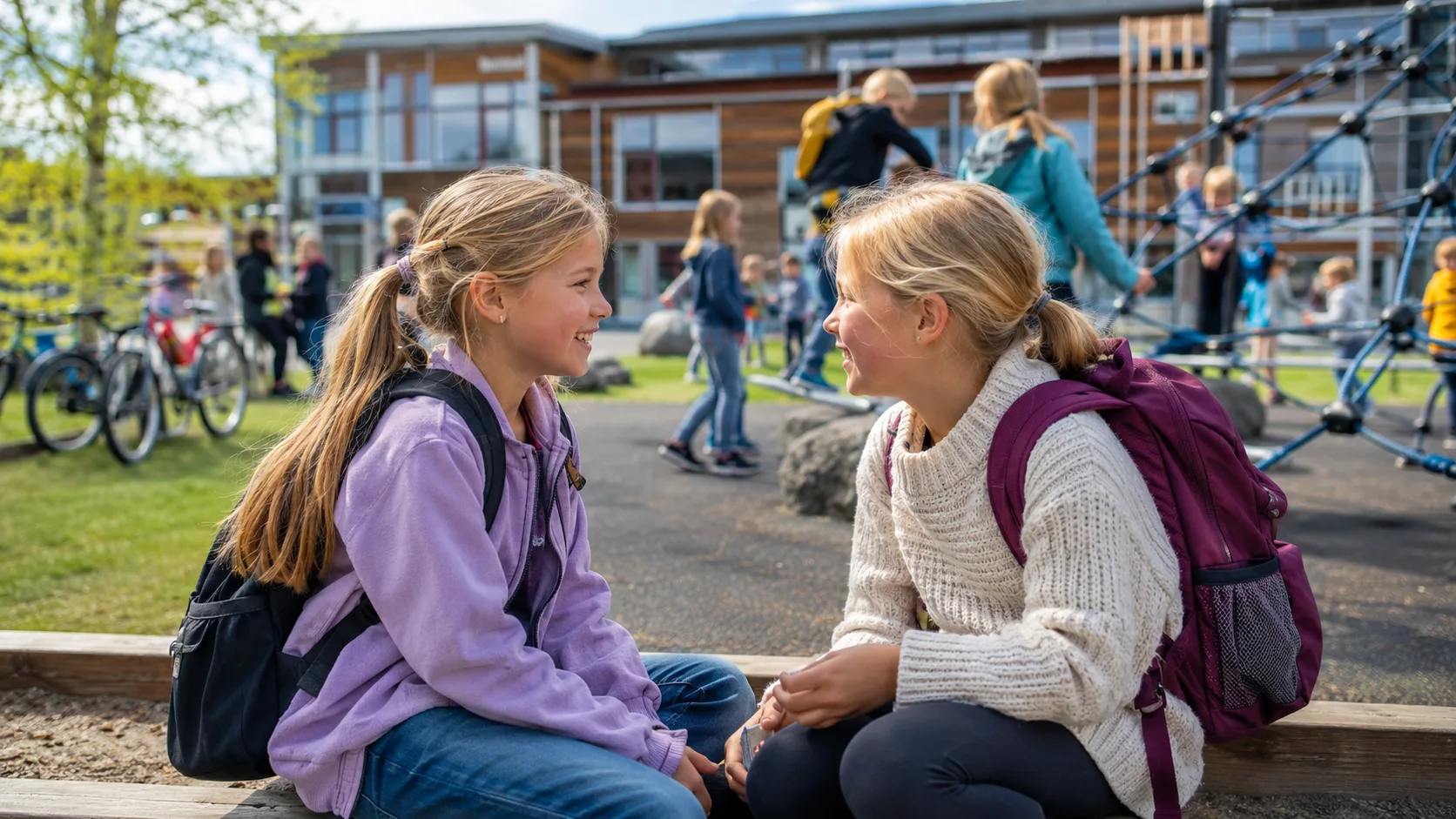To jenter som bygger vennskap i barneskolen i friminuttet