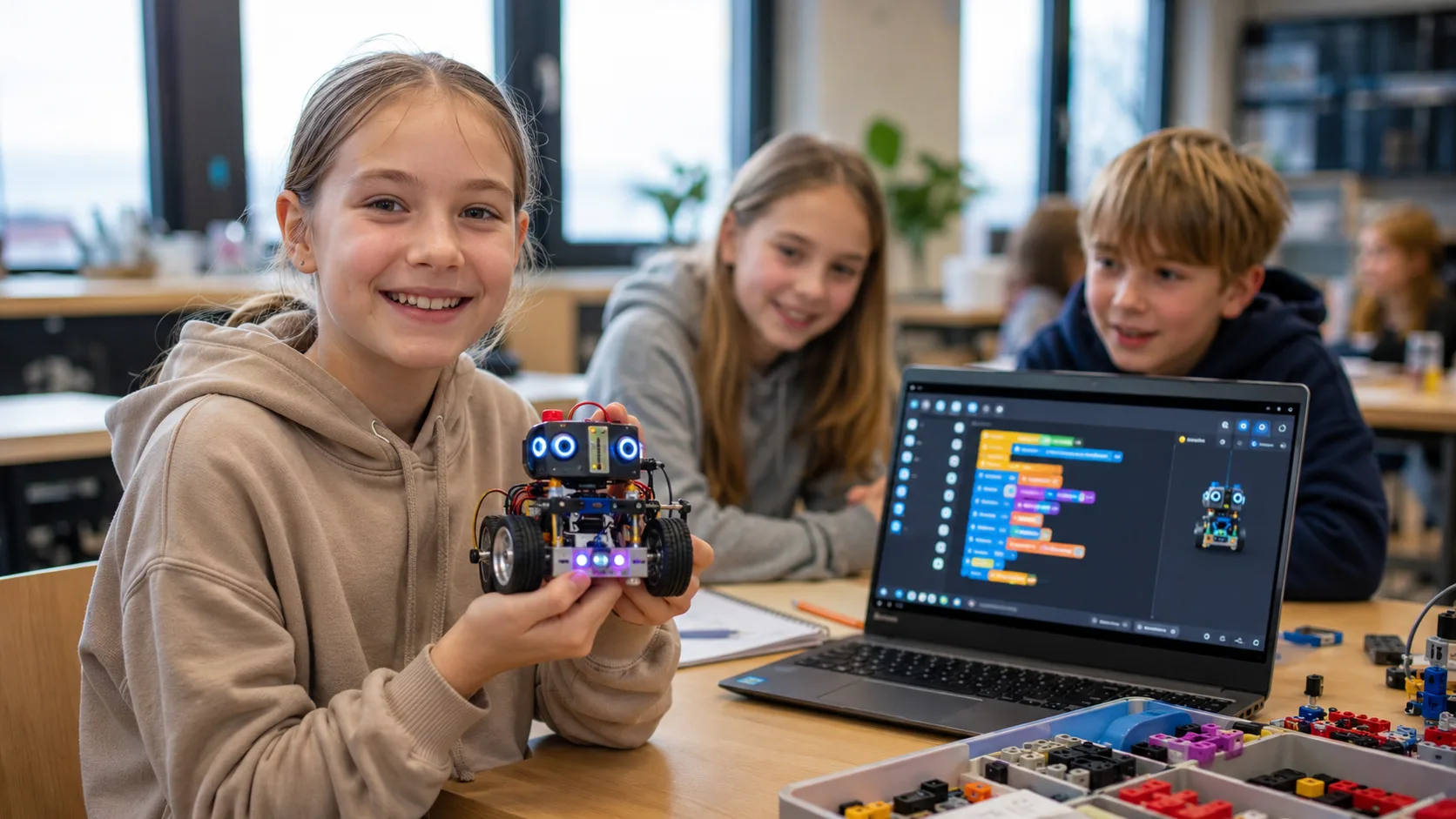 Ung jente som stolt viser frem en liten robot hun har programmert selv