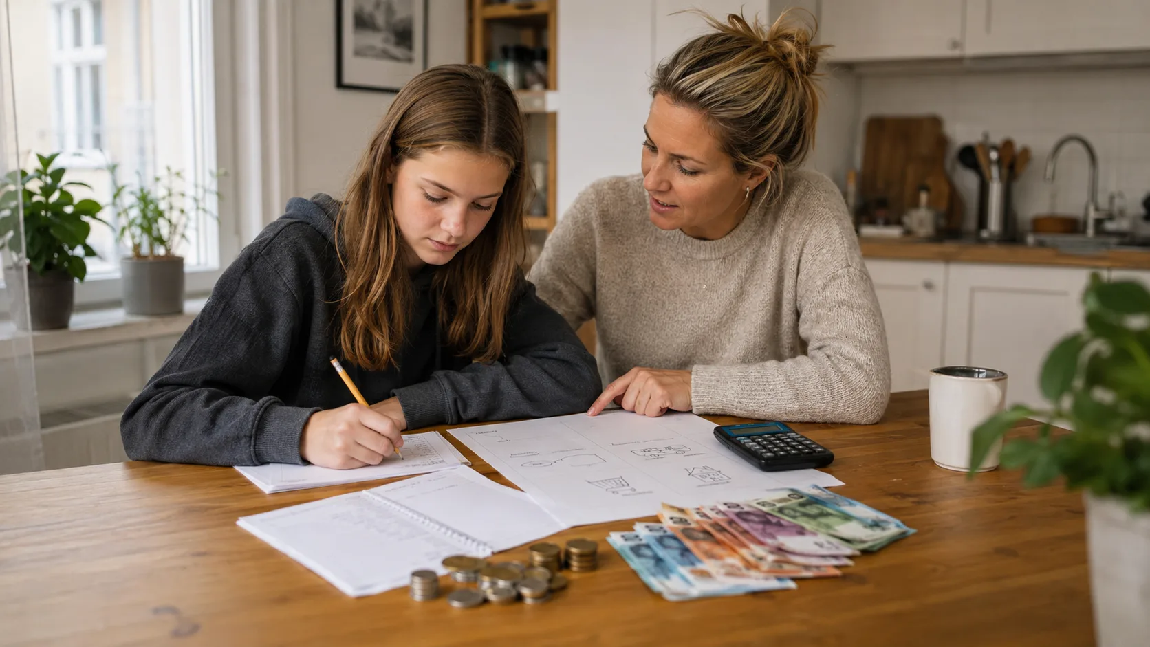 Ungdom som regner på familiebudsjett og huslån med papir og blyant