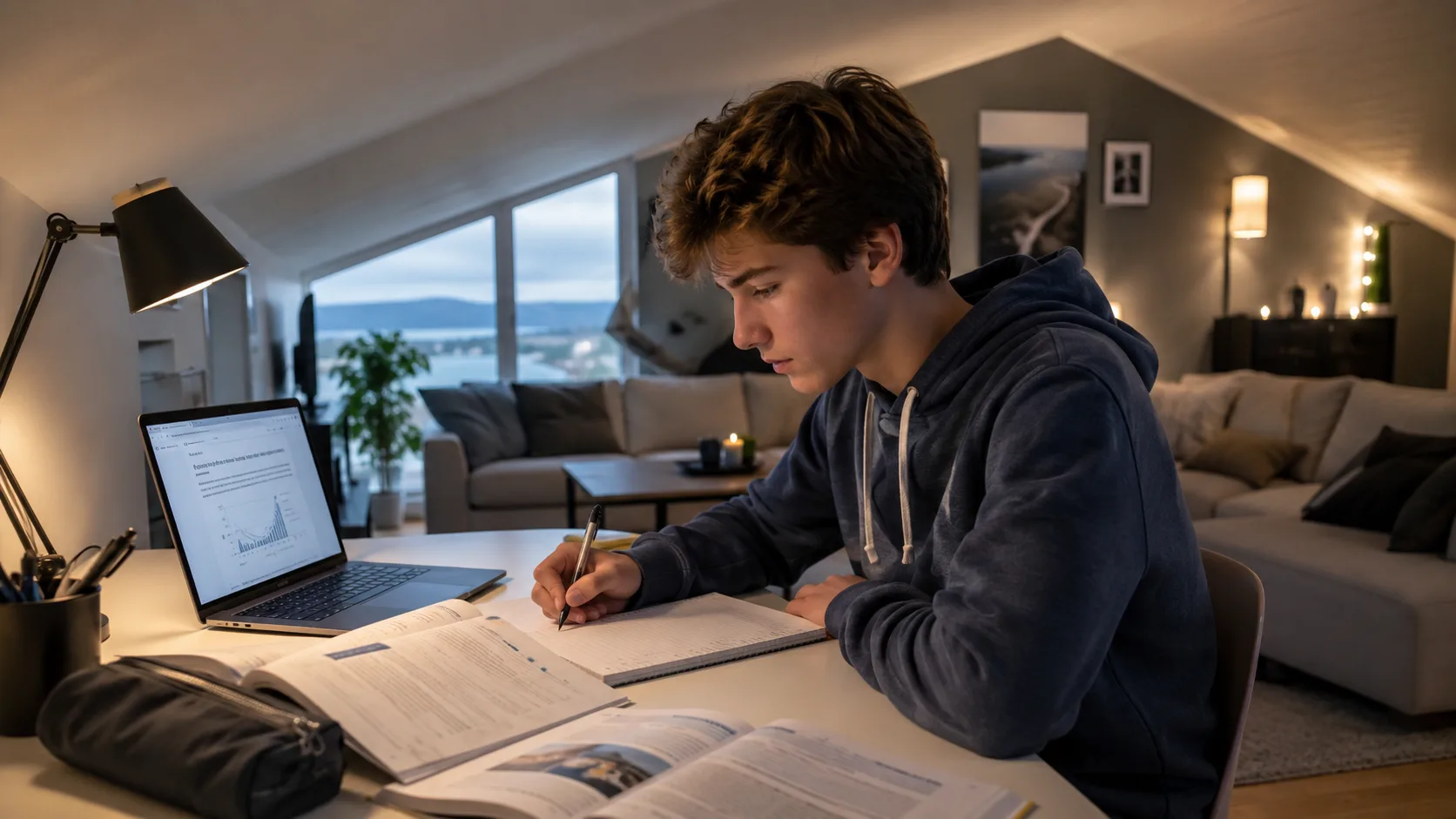 Ungdomsskoleelev som arbeider konsentrert med skoleprosjekt i loftstuen under faste rammer
