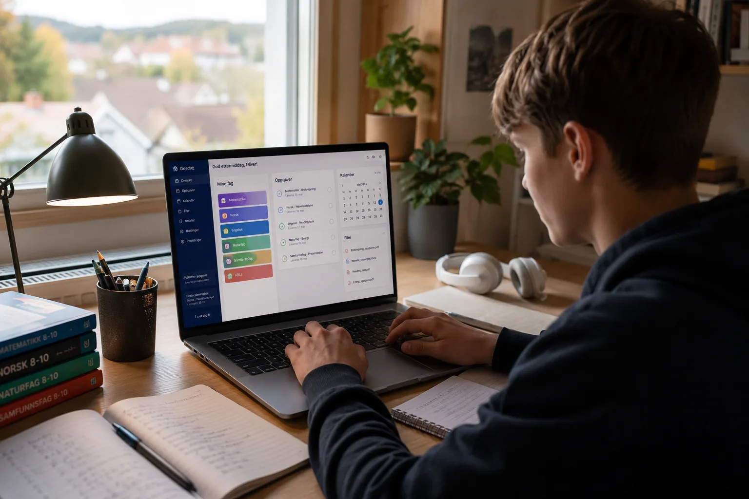 Ungdomsskoleelev som organiserer digitale skoleoppgaver på laptopen sin