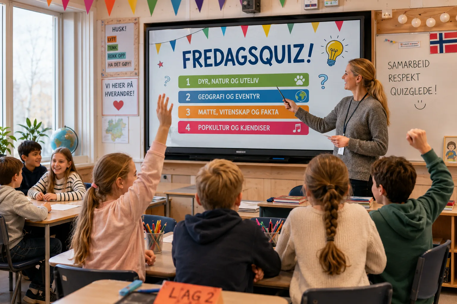 Fredagsquiz for barn, barnequiz spørsmål, skolequiz for elever, morsomme spørsmål til klasserommet, quizleker for barn