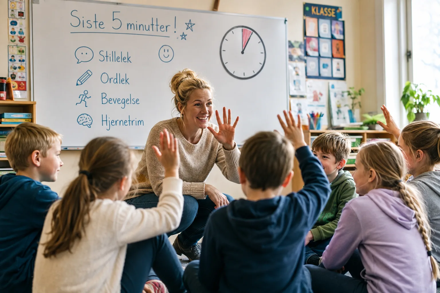 Klasseromsleker for de siste fem minuttene, raske aktiviteter i klasserommet, roe ned elevene, lek i undervisningen, energizer for elever
